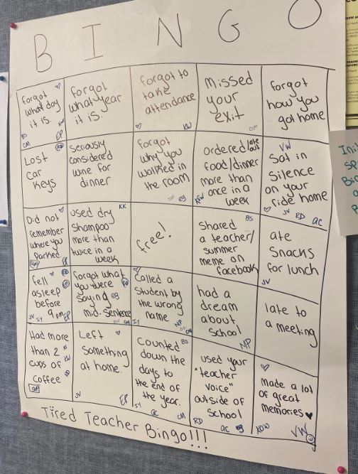 Oversized Tired Teacher Bingo Board for JFG's June's Wellness Challenge. "Tired Teacher Bingo" is in full swing! For our June Wellness Challenge - we are having some fun & some laughs here at JFG! Teachers are initialing each day if they have participated in a "tired teacher" activity. Once someone gets BINGO they will receive a prize! 
